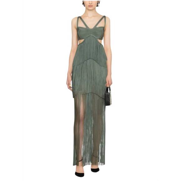 HERVE LEGER Dresses & Skirts - NEW HERVE LEGER tiered fringe maxi gown in willow green